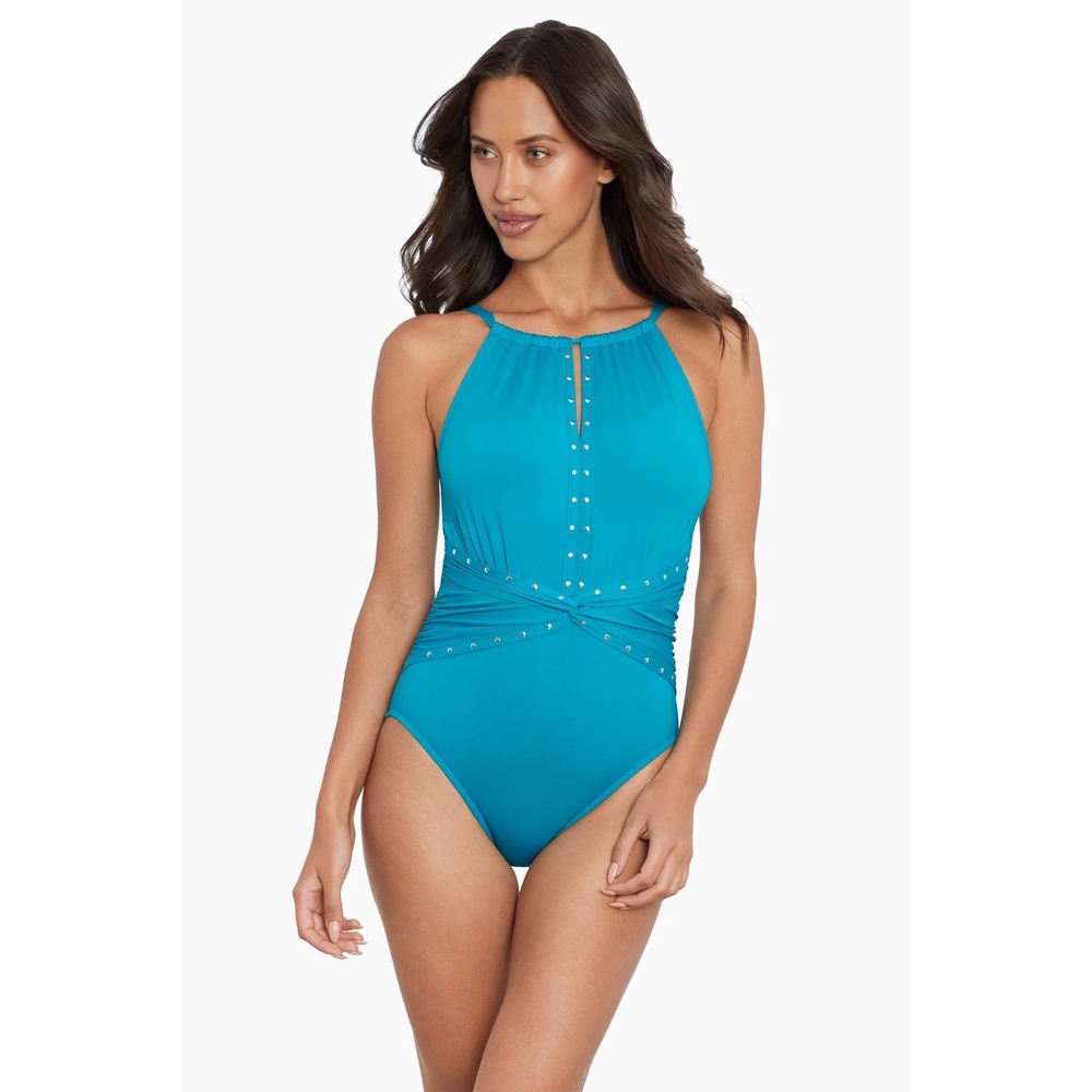 Magicsuit Riveted Diana One Piece Swimsuit Turquoise Slimming Control 14 NEW